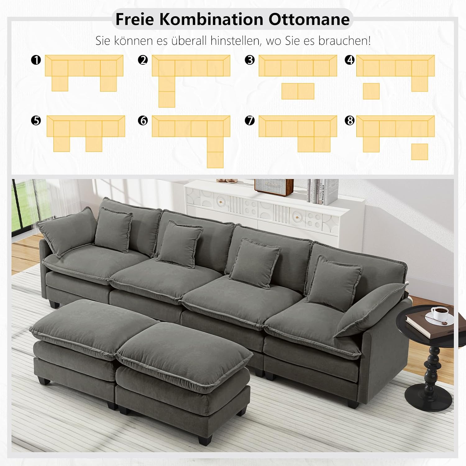 Sofa U Form, Bequeme Cloud Couch 6 Sitzer mit 2 Ottomane Sektionssofa, Atmungsaktivem Chenille-Stoff, Couch für Wohnzimmer Schlafzimmer, Dunkelgrau