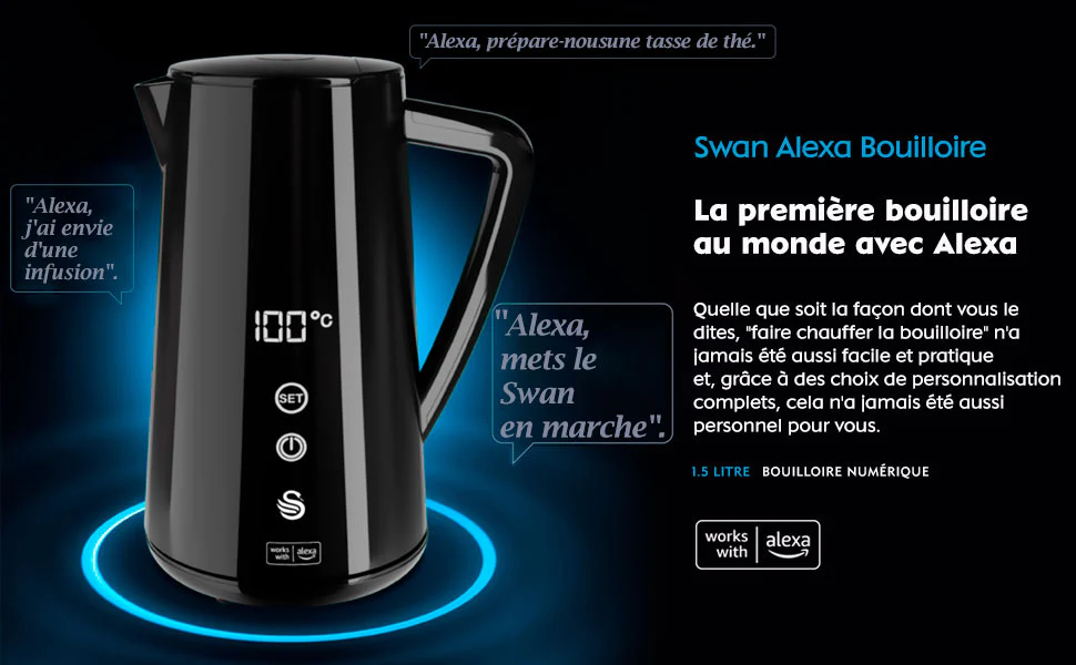 Alexa Bouilloire Électrique Intelligente WIFI 1,5L, Sans Fil, Écran Ta