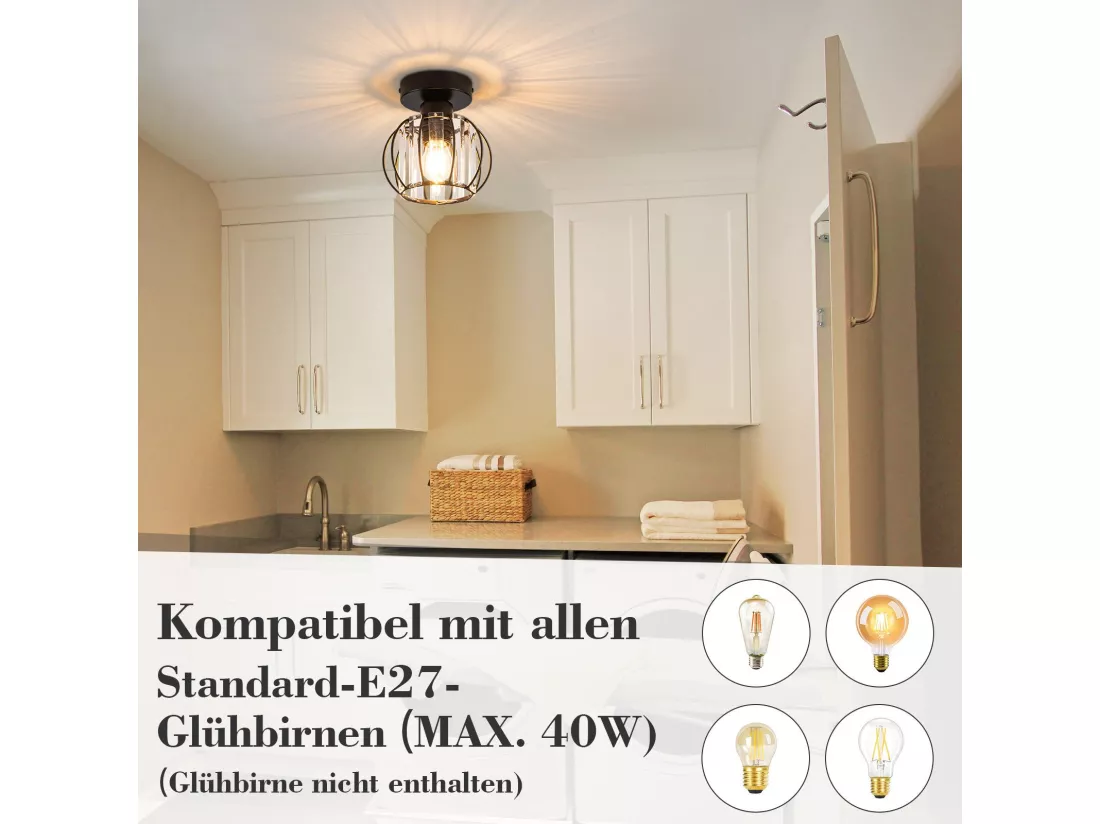 NETTLIFE Plafonnier Cristal Noir Moderne E27 Lampe de Cuisine Vintage avec Cadre en Métal