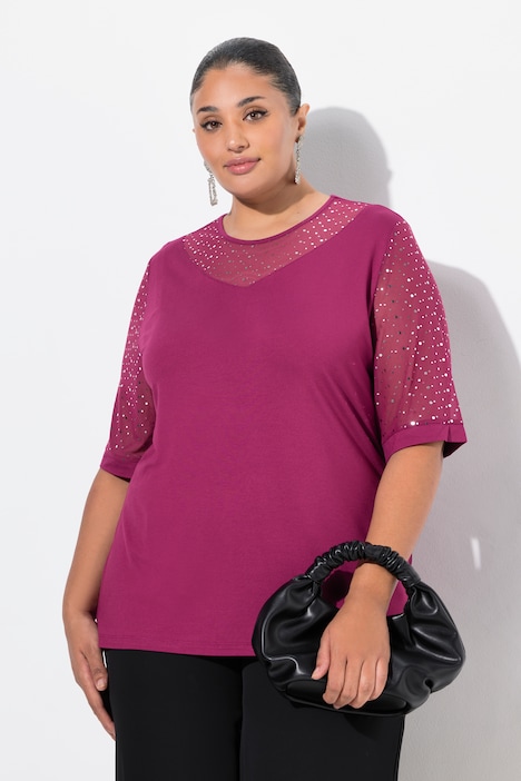 T-Shirt, Classic Fit, Mesh mit Pailletten, Jersey-Unterlage