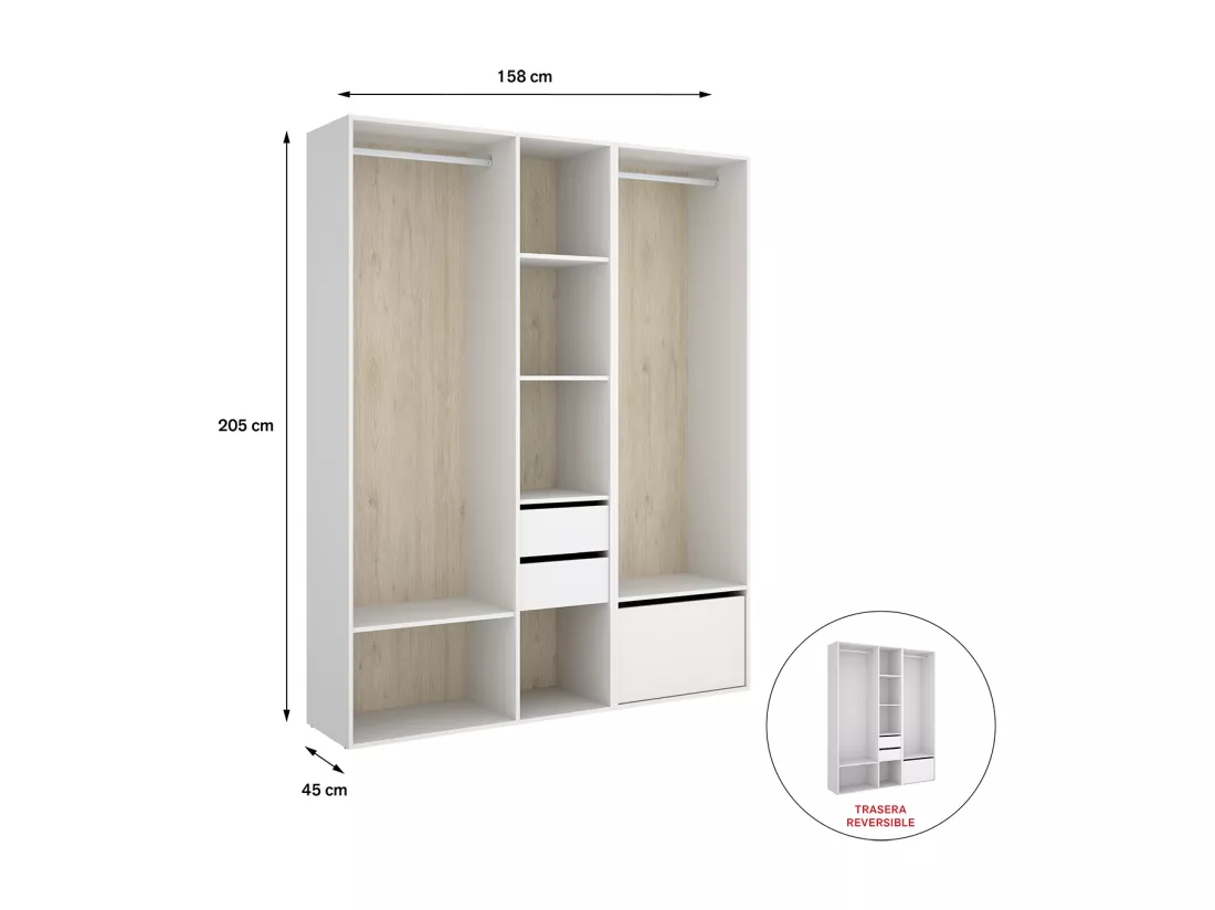 Ensemble dressing avec 2 tiroirs + 1 porte à chaussure et fond d'arrière réversible coloris chêne naturel, blanc  - Longueur 158 x Profondeur 45 x Hauteur 205 cm