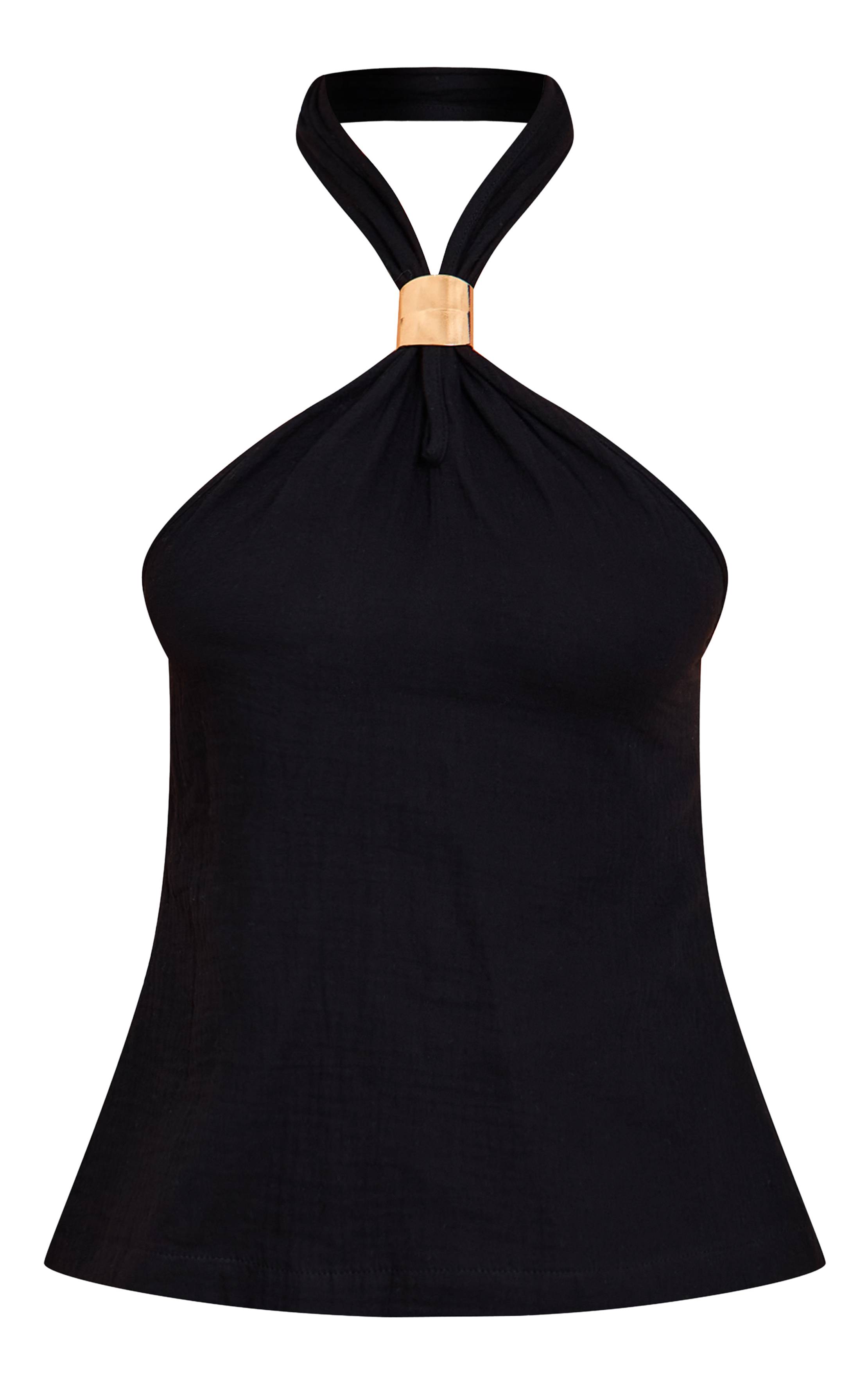 Noir Top Léger En Tissu Tissé Avec Col Licou Et Détails De Finition
