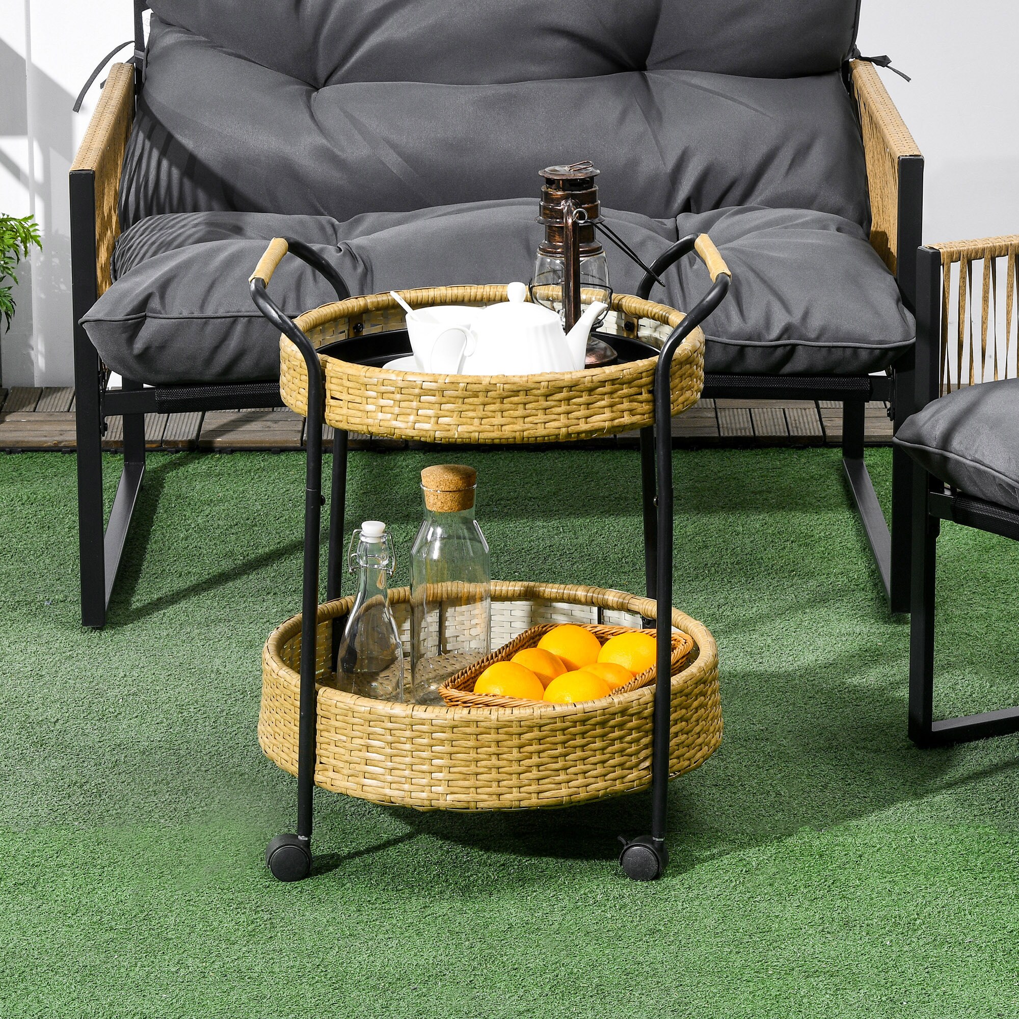 Outsunny Servierwagen mit 2 Flechtkorbebenen gelb Ø50 x 66Hcm