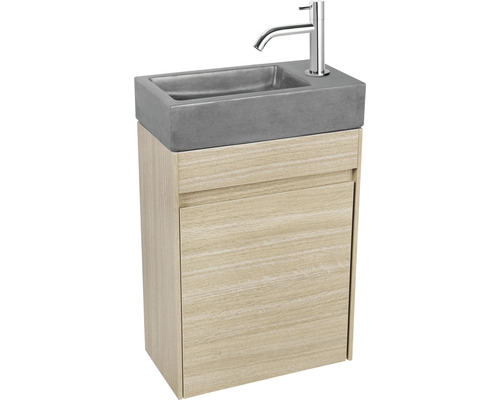 Wastafelset Difference HURA L 40 x 22 cm Kalksteen wastafel met eikenhouten onderkast, chroom koudwaterkraan en sifon 38.006.15