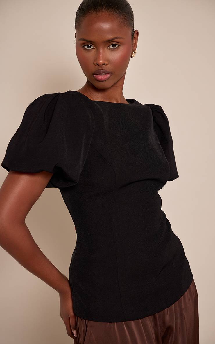 Noir Haut Ajusté Tissé À Manches Bouffantes