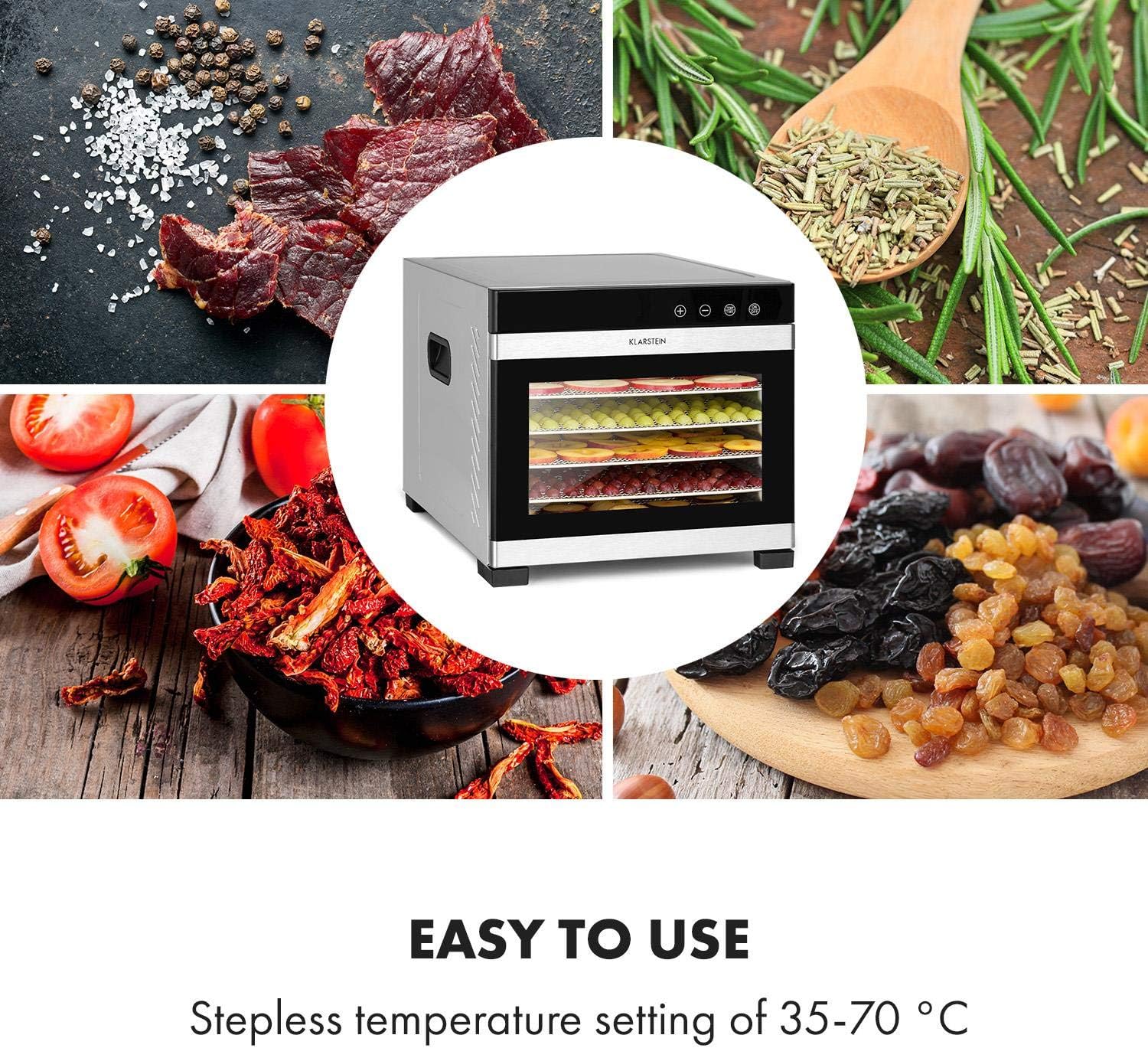 Klarstein Flavour Dry Dörrautomat Mit Edelstahl-Gehäuse, 6 Ablagegitter, LCD-Touch-Display, Timer, 360° Airflow Circulation, Digitaler Thermostat, 35-75 C°