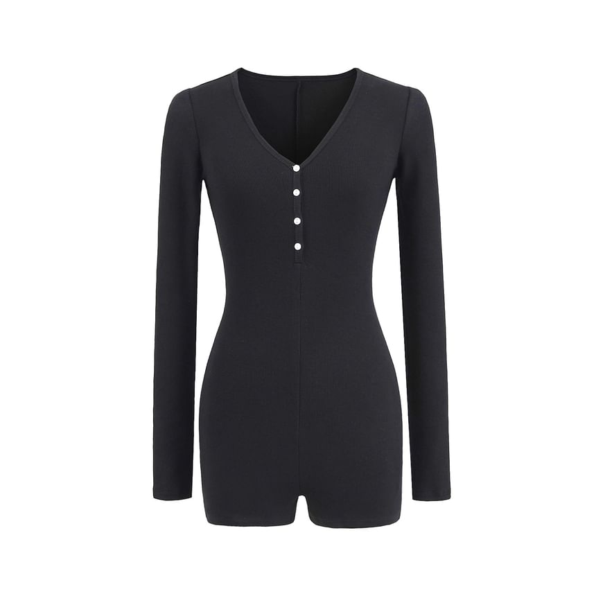 Asiris - Romper met lange mouwen, V-hals en effen, slim fit