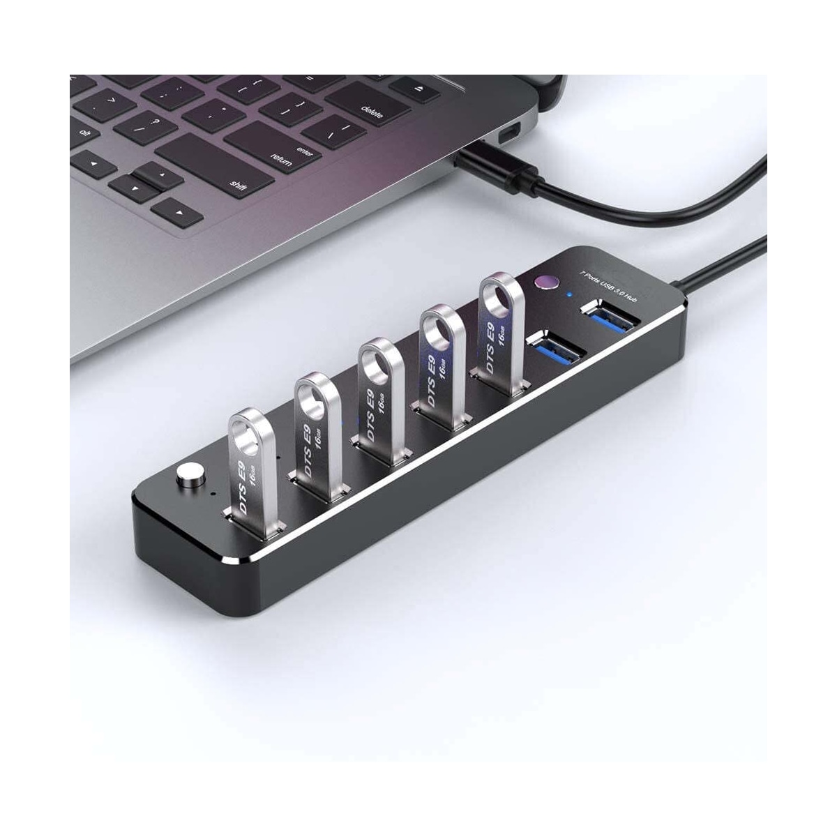 NÖRDIC drevet 7-ports USB-C 3.0 HUB med individuell bryter 5Gbps 25cm kabel aluminium svart med strømforsyning