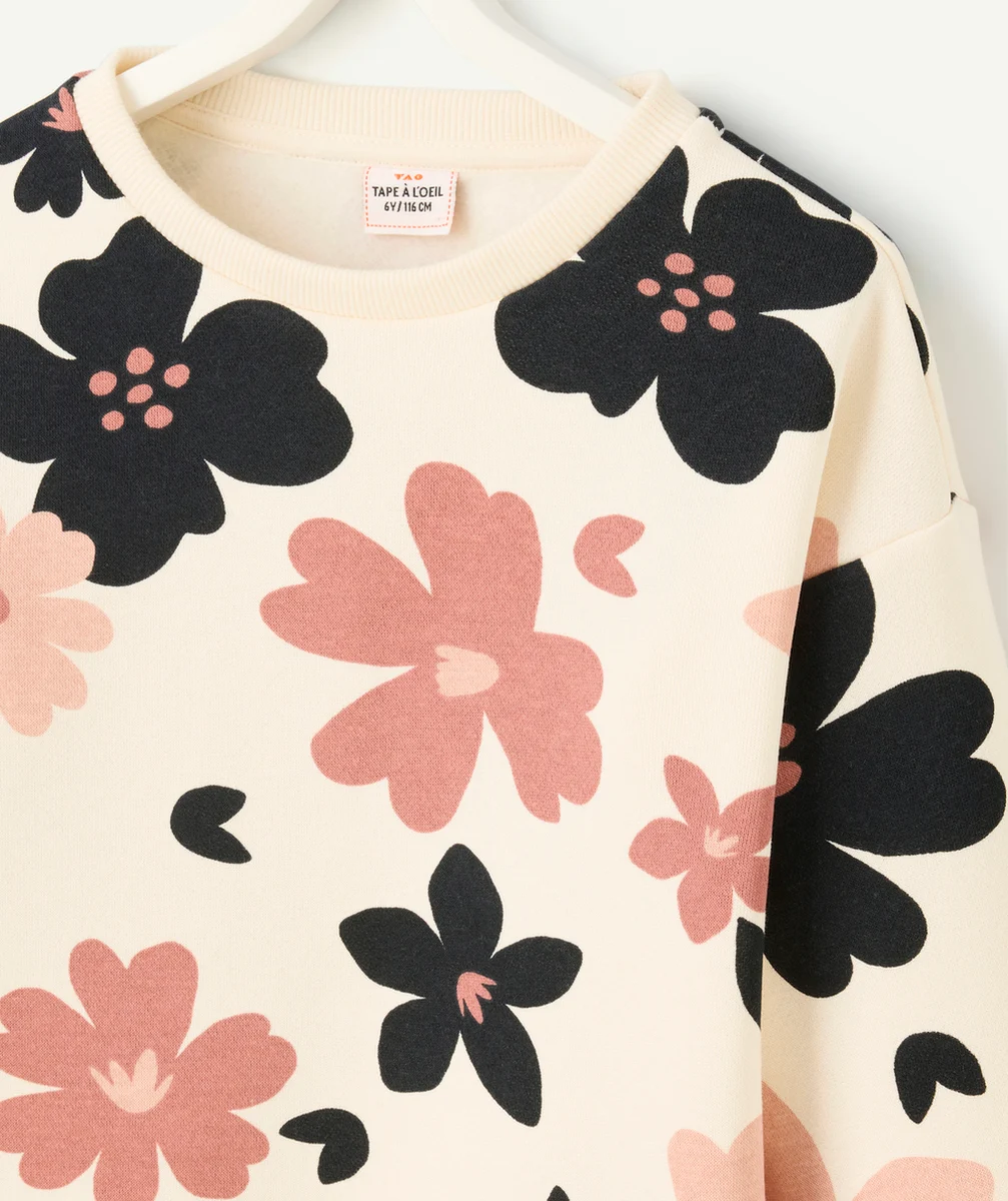 sweat manches longues fille en fibres recyclées écru imprimé grosses fleurs