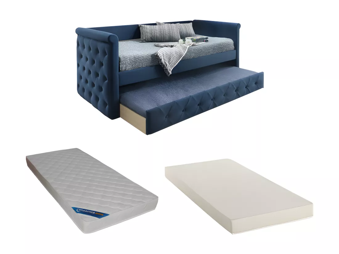 Lit banquette gigogne LOUISE - 2x90x190cm - Tissu bleu + matelas