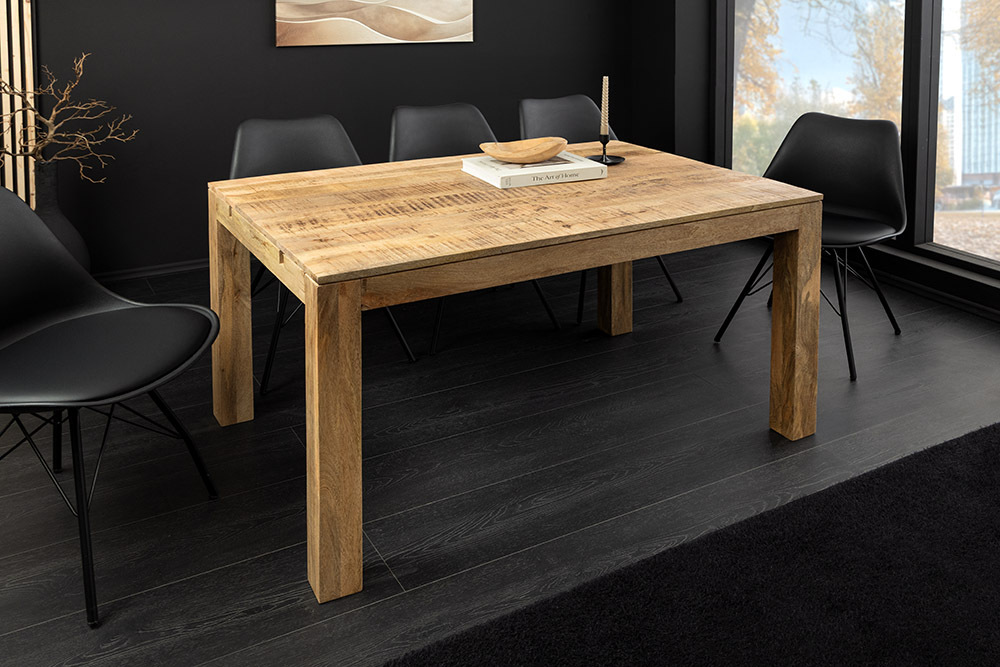 Massiver Holz Esstisch PURE 120-200cm natur Mangoholz mit Ansteckplatten
