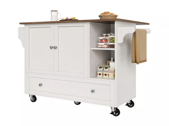 Chariot cuisine repas amovible rangements ouverts porte-serviettes étagère à épices plateau bois blanc