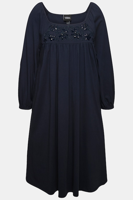 Tunika-Kleid, Ziersteine, Carree-Ausschnitt, Langarm
