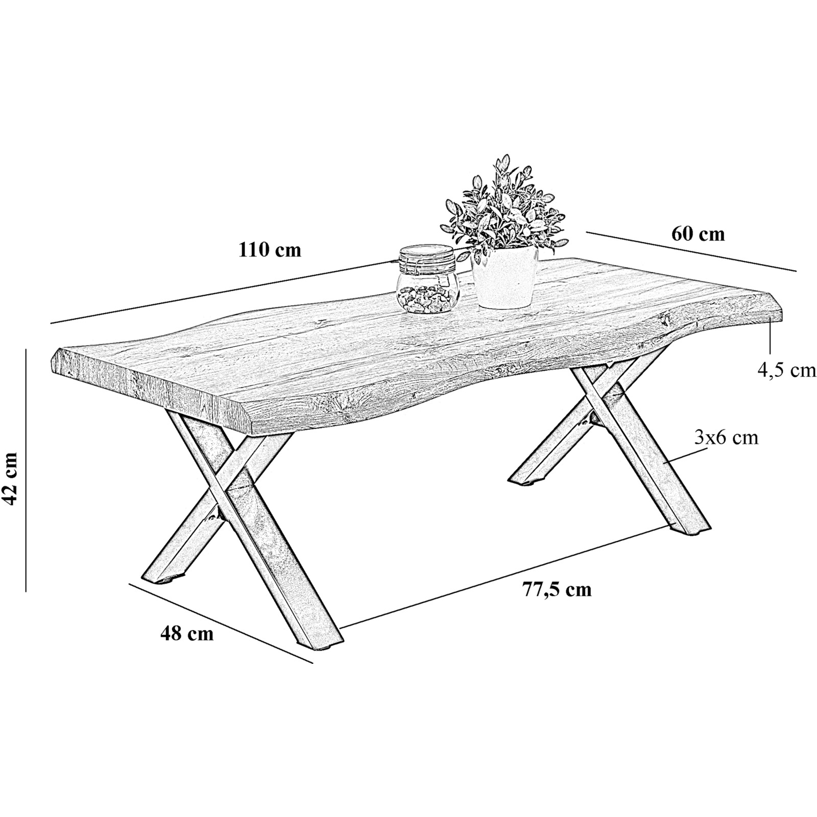 Salontisch Pina X-Fuss MDF grau 110 x 42 x 60 cm