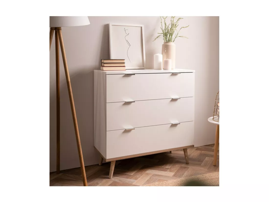 Commode Göteborg - 3 tiroirs - Décor chene sonoma Blanc - Scandinave - L 79,8 x P 40 x H 86,5 cm