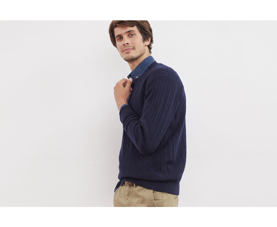 Pull laine torsadée homme col rond Bleu marine - CONTOR