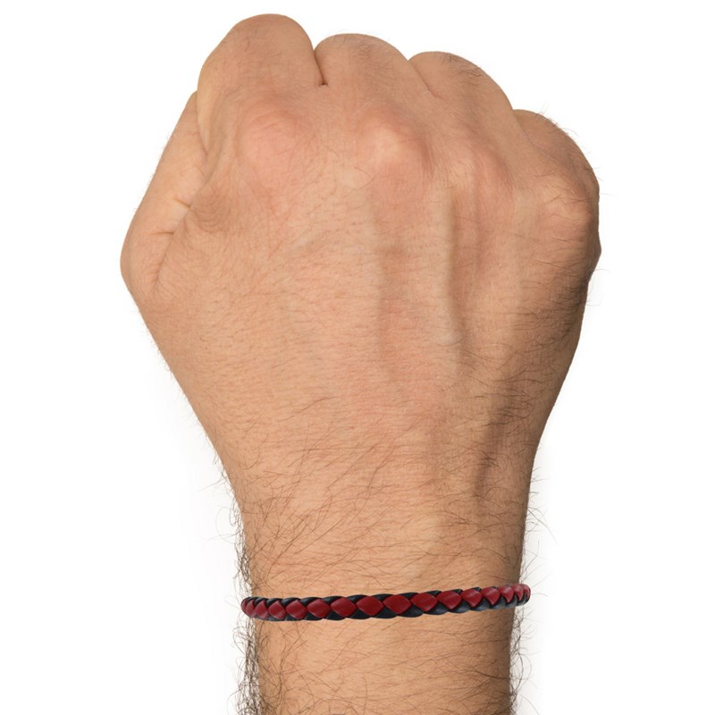 Bracelet Homme Cuir Tréssé Rond Bicolore 19cm - Rouge