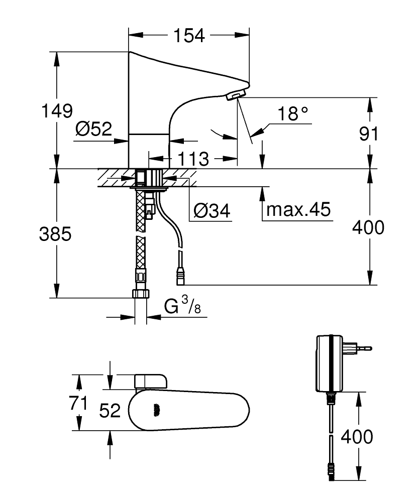 Grohe Europlus E 1-gats wastafelkraan met infraroodsensor 230V chroom