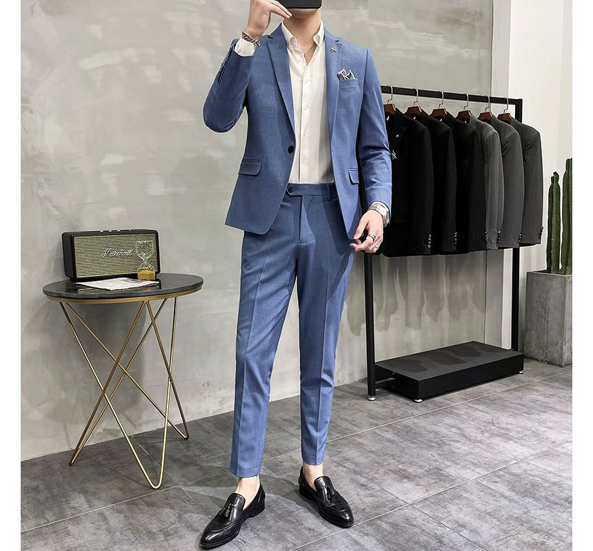 Deepwood - Set: Effen blazer met één knoop + Hoge taille rechte broek