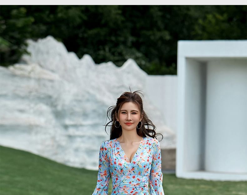 SANQI - Lange mouwen badjurk met bloemenprint