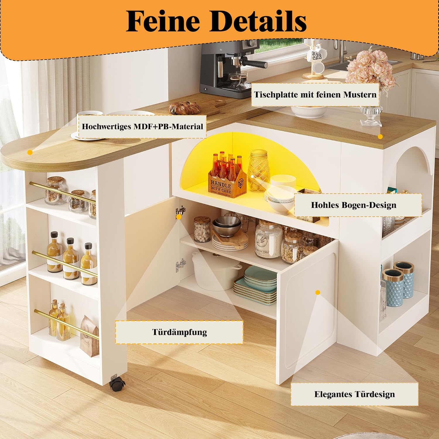 Bladez Ausziehbarer Bartisch mit Stauraum, Moderner Beweglicher Bar Table mit Rollen, Teleskopischer Bartisch mit LED Hochtisch Kücheninsel, Drehbares Sideboard Essbar(C-Weiß LED)