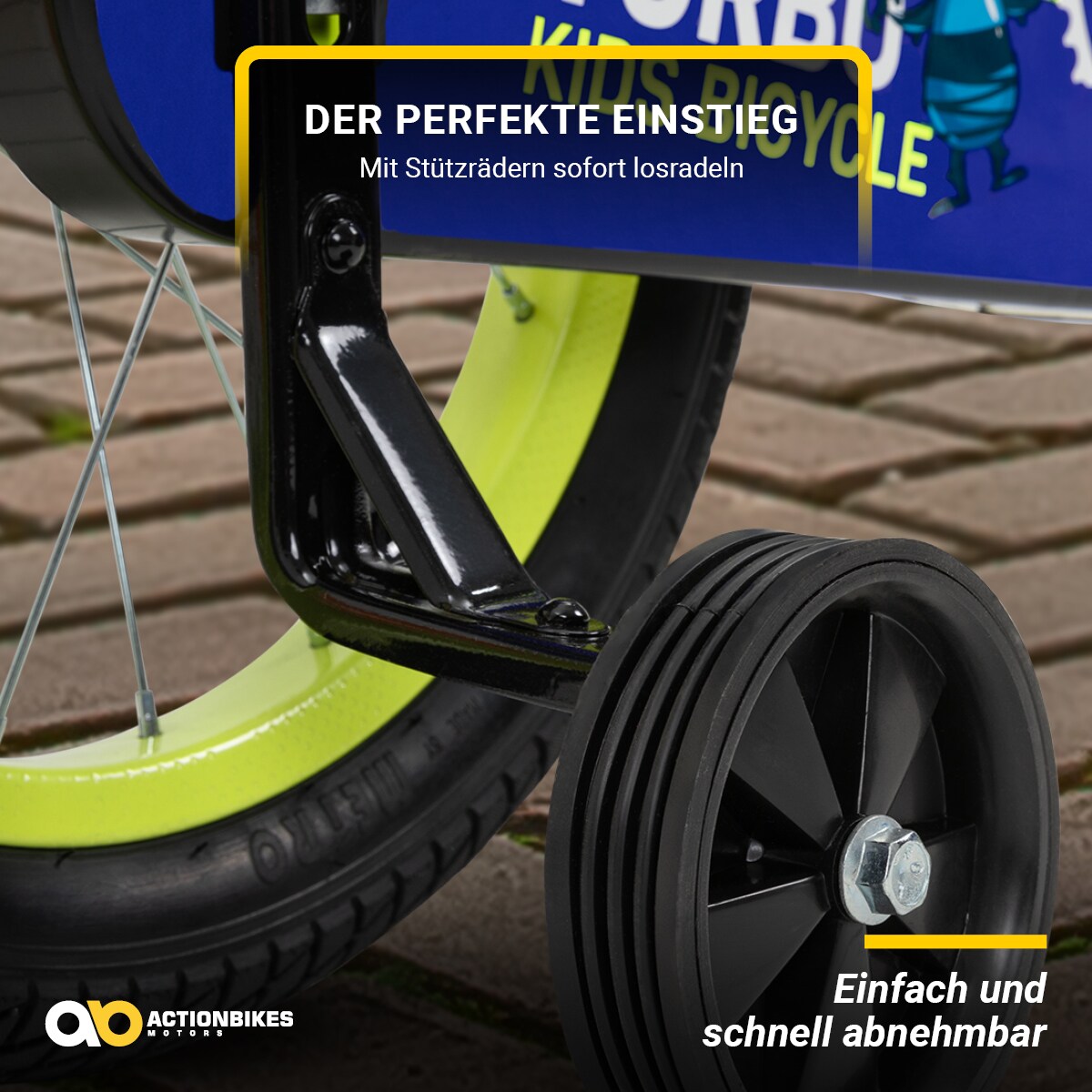 Actionbikes Kinderfahrrad Turbo 16 Zoll, Stützräder, V-Brake-Bremsen, Lenker-/Kettenschutz, Klingel