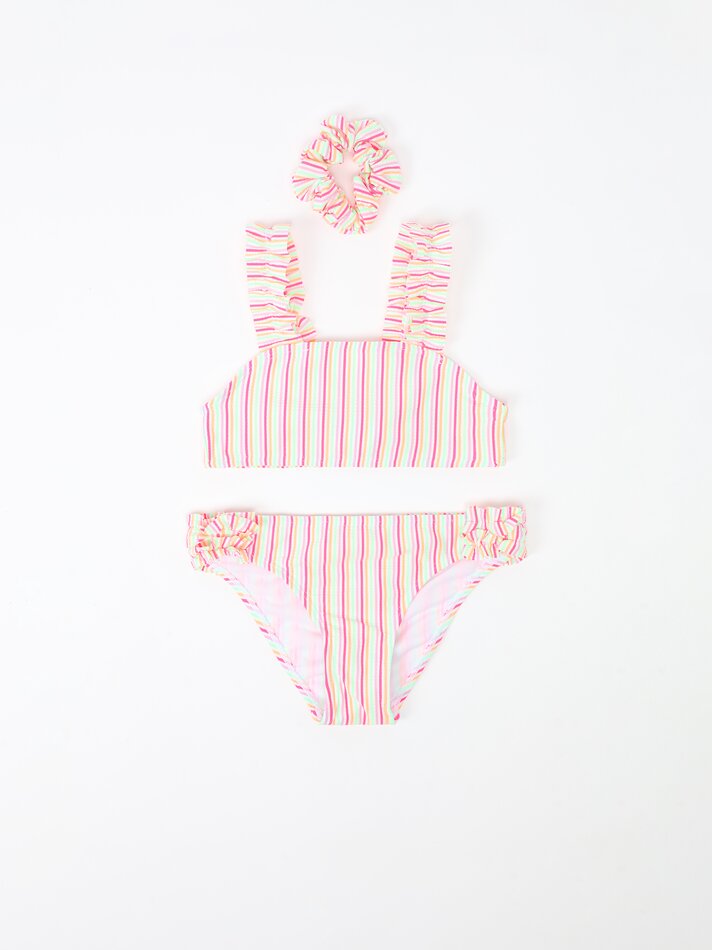 Conjunto de biquíni listrado de duas peças com scrunchie - Fúcsia fluorescente