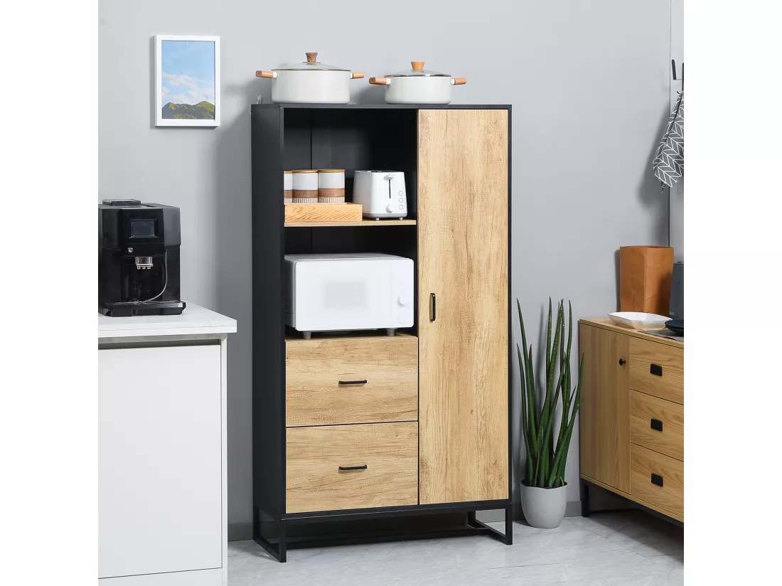 Buffet haut multi-rangement une porte 3 étagères 2 tiroirs 2 niches piètement acier noir aspect chêne clair