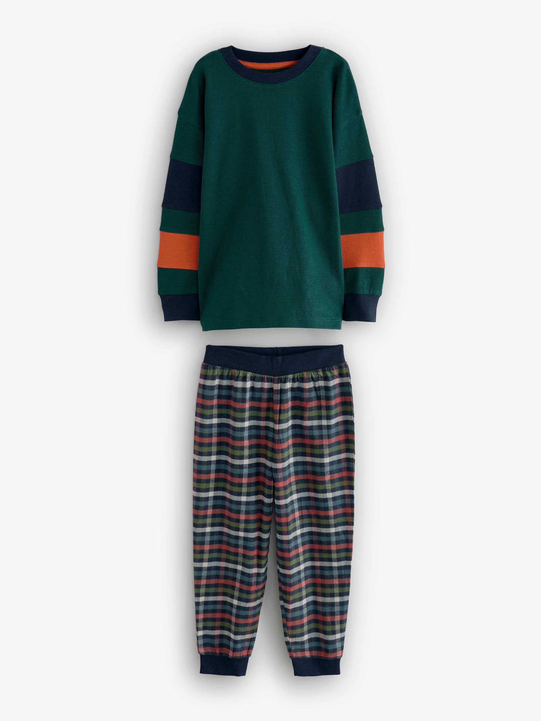 Groen/oranje - Set van 2 geweven geruite pyjama's met lange mouwen (3-16jr)