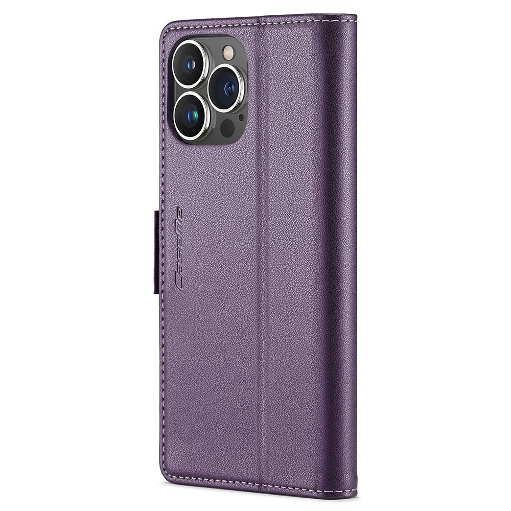 iPhone 15 Pro Max Leder Tasche Flip Wallet Etui mit Kartenfächern Litchi Look (RFID Schutz) - Violett