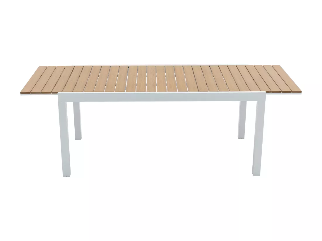 Salle à manger de jardin en aluminium et polywood : une table extensible L.170/230 cm et 6 fauteuils empilables - Naturel clair et gris - MACILA de MYLIA