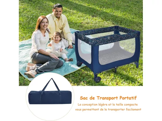 Lit Parapluie Pliant Bébé 0-36 Mois 3 en 1 avec Matelas Roulettes Sac de Transport Charge Max 15KG Gris 125 x 65 x 76CM（Bleu)