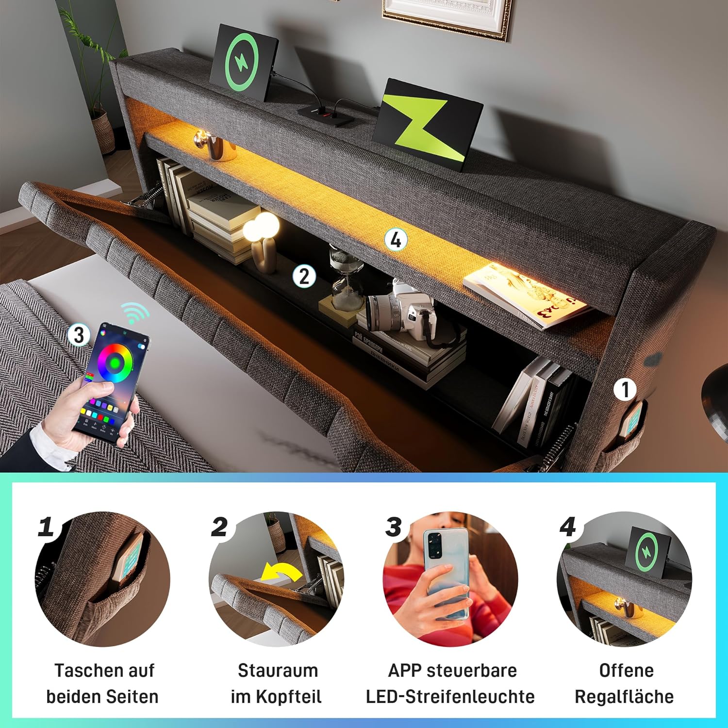 Polsterbett Doppelbett 180x200, LED Jugendbett Hydraulisches Bett Stauraumbett Funktionsbett Bettgestell mit Stauraum&Lattenrost, Stauraum-Kopfteil mit USB Type-C Aufladen, Leinen, Ohne Matratze, Grau