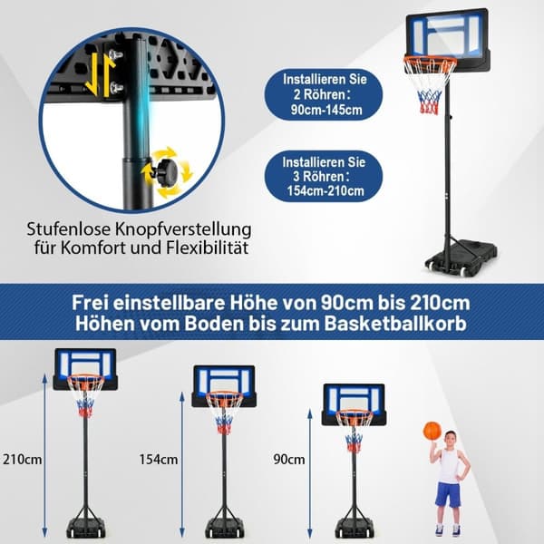 Basketballstativ 90/158-210 cm høydejusterbar basketballkurv med stativ værbestandig innendørs utendørs blå