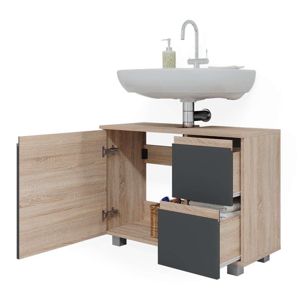 Vicco Waschtischunterschrank Waschbeckenunterschrank Badschrank J-shape Sonoma Anthrazit modern 80x61cm Badezimmer Schrank Badmöbel Schranktür Schrankschublade Aufbewahrung