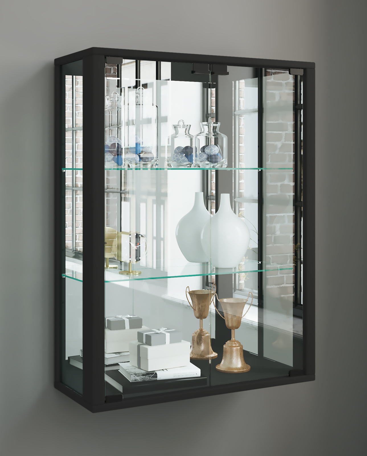 Wandvitrine UDINA - schwarz - mit Rückwandspiegel - 60 cm