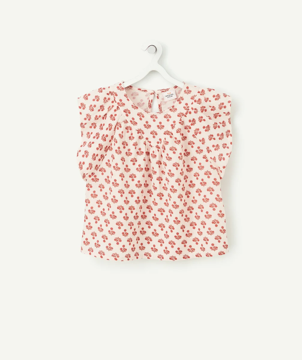 BLOUSE FILLE EN COTON ROSE PÂLE ET IMPRIMÉE FLEURIE