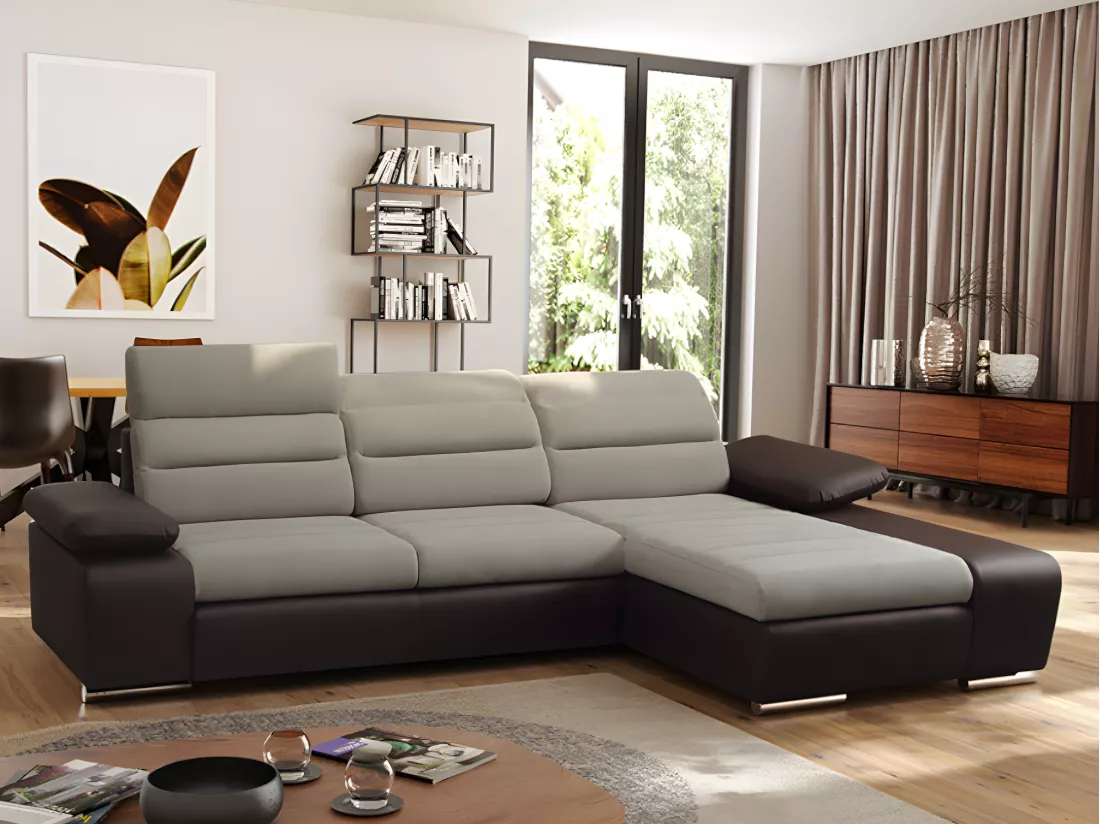 Canapé d'angle convertible en tissu et simili MIRABEAU - Bicolore beige/marron - Angle droit