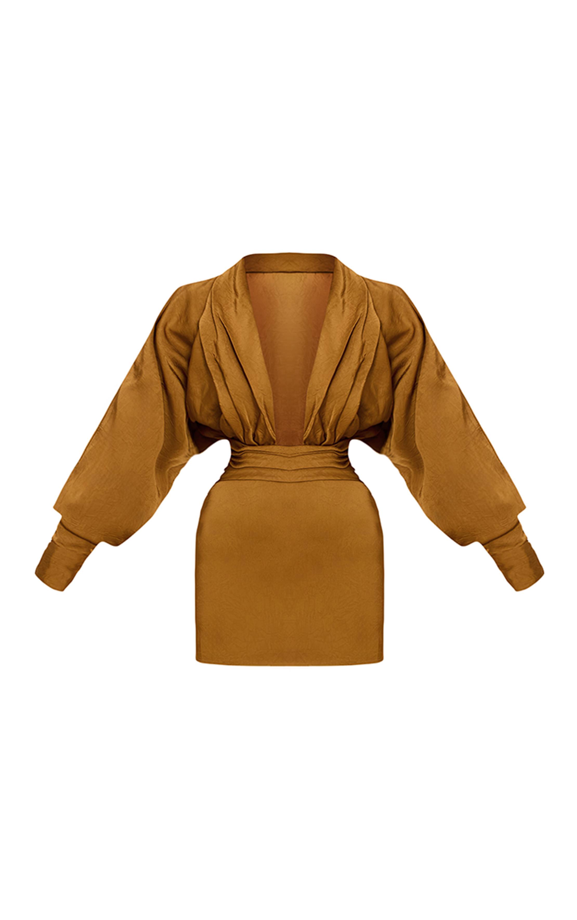 Doré Robe Courte Décolletée À Manches Longues En Satin Martelé Plt Label