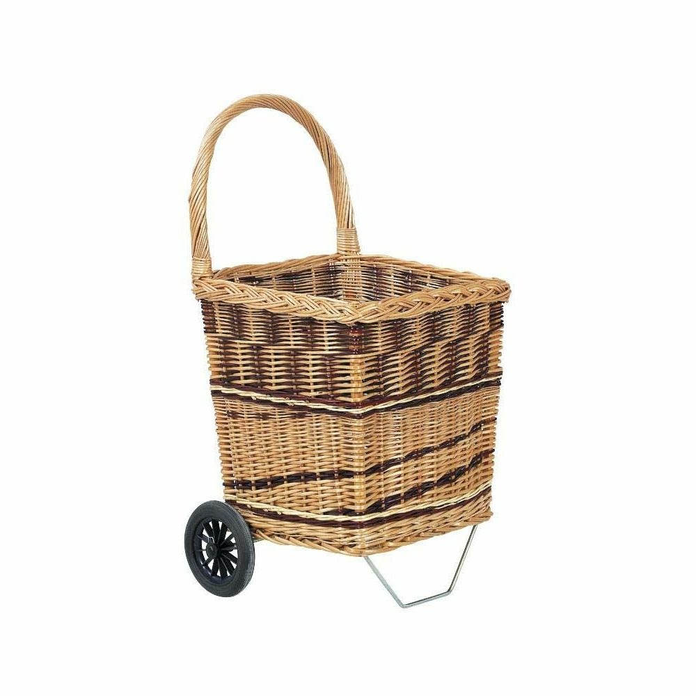 Chariot à bûches en osier bicolore sur roulettes