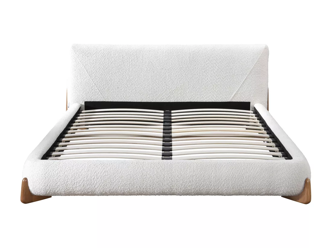 Lit 160 x 200 cm - Tissu bouclette - Blanc et naturel - GAMURA