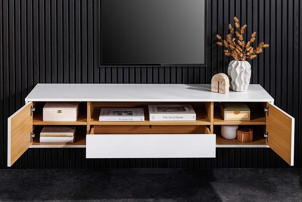 Hängendes TV-Board LOFT 150cm weiß natur fünf Fächer mit Schublade
