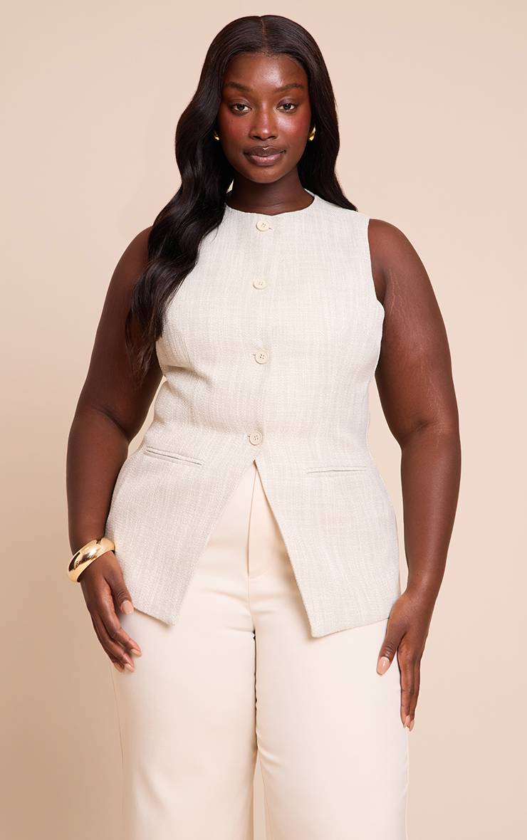 Beige Gilet Sans Manches Boutonné Grande Taille