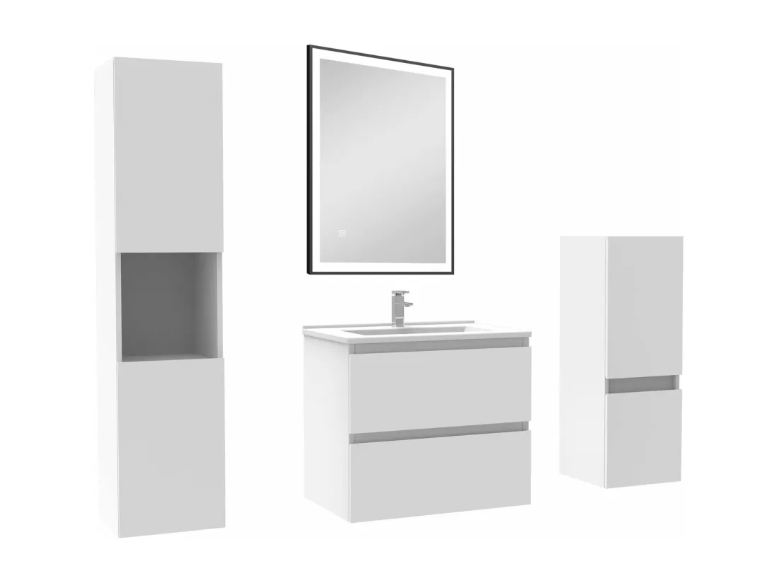 Meuble salle de Bain 60cm avec colonne et miroir mural lumineux 3 couleurs blanc