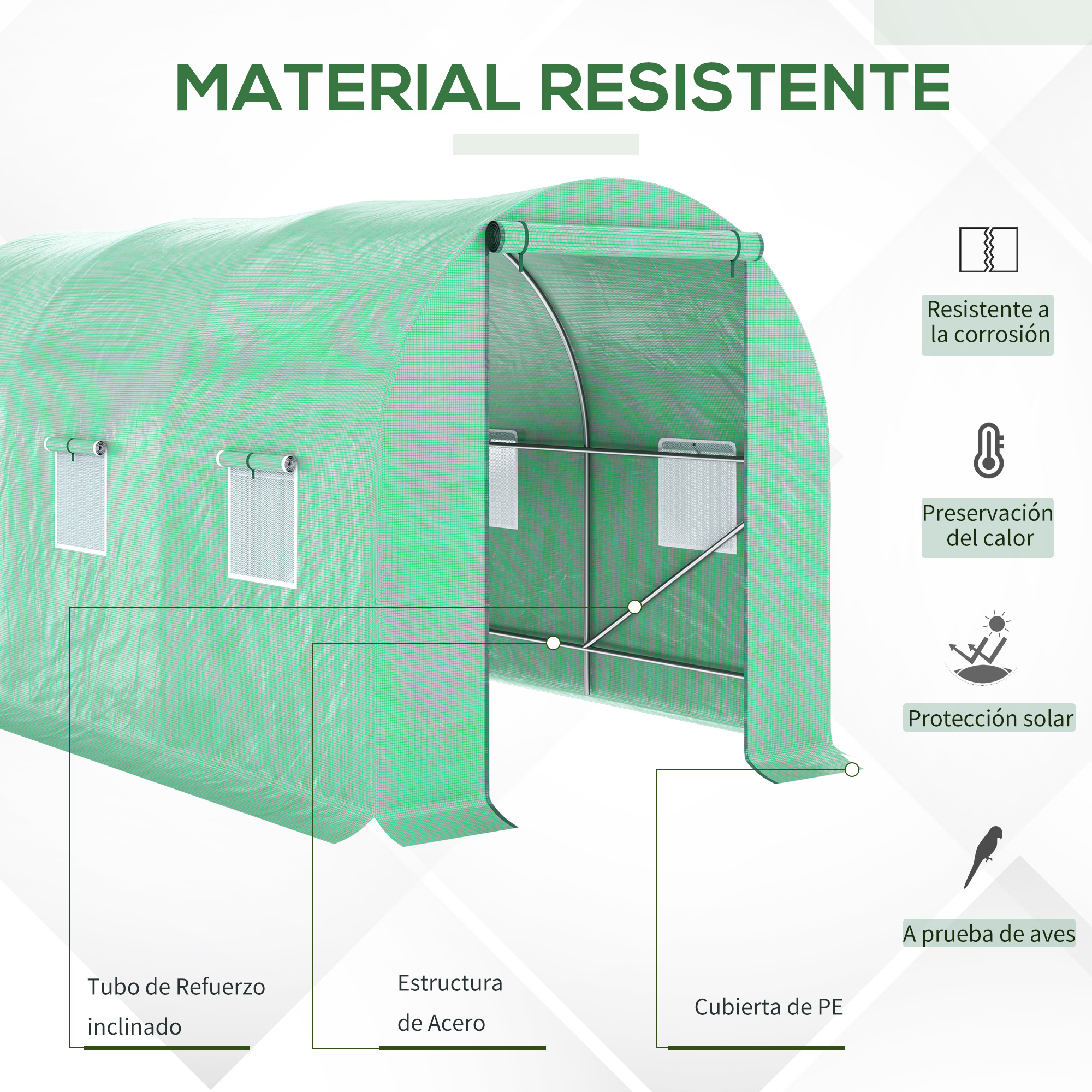 Estufa Túnel Outsunny 400x200x200 cm para Jardim com Porta de Enrolar e Múltiplas Janelas, Cobertura em PE 140 g/m² com Proteção UV, Estrutura Metálica para Cultivo de Plantas e Hortaliças (Verde)