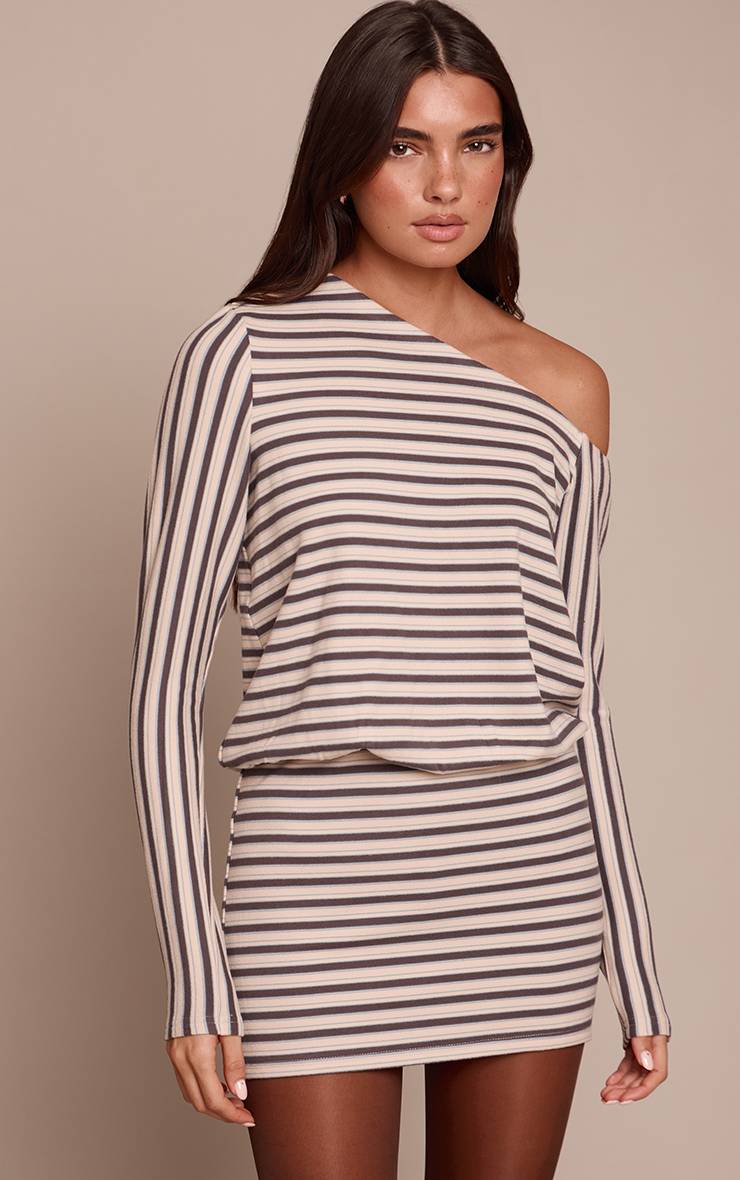 Bleu Robe Moulante Asymétrique À Rayures Et Manches Longues