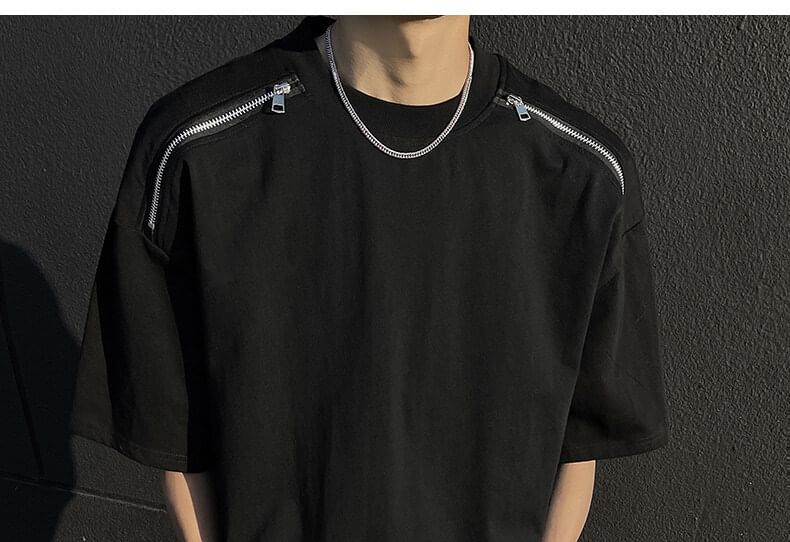Omozando - T-shirt met korte mouwen, ronde hals, verlaagde schouders, effen ritsdetail en oversized model