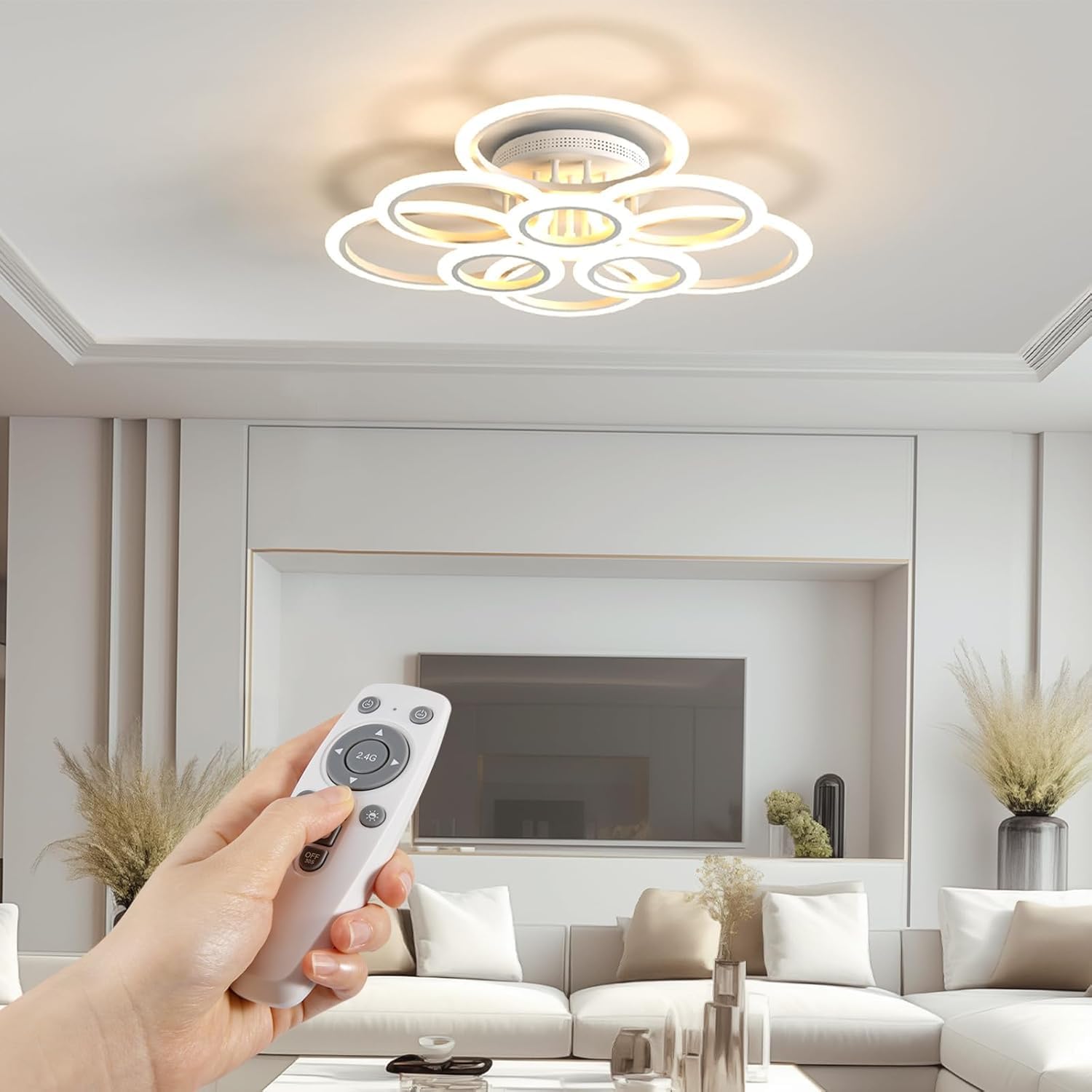 RUYI Modern Deckenleuchte Wohnzimmer mit Fernbedienung 9-Ring, Wohnzimmerlampe Decke 120W 10800LM, Wohnzimmerlampe LED für Wohnzimmer, Schlafzimmer, Küche, Flur, Balkon, Esszimmer, Weiß, 2800-7000K