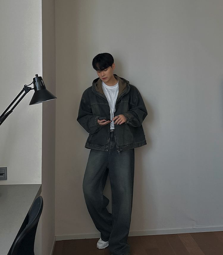 MRCYC - Denim jack met capuchon en rits / Mid Rise Washed Wide Leg Jeans / Set