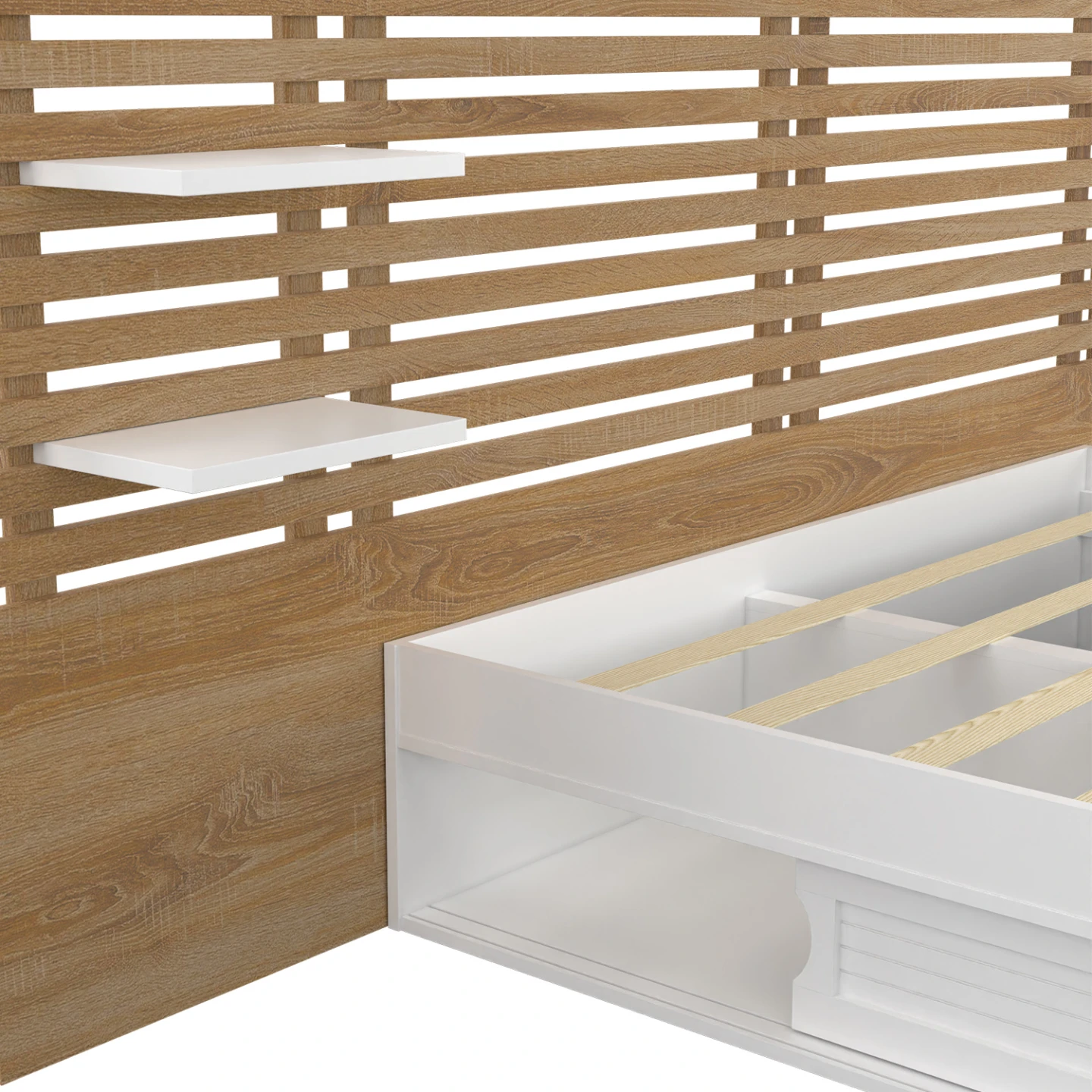 Lit double SAVANA avec tête de lit, chevets, rangements et sommier 140 x 190 cm blanc et façon hêtre